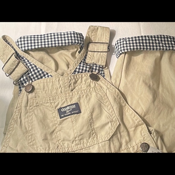 NEW Oshkosh Bgosh 3T khaki and blue plaid overalls pants Toddler - Picture 5 of 9